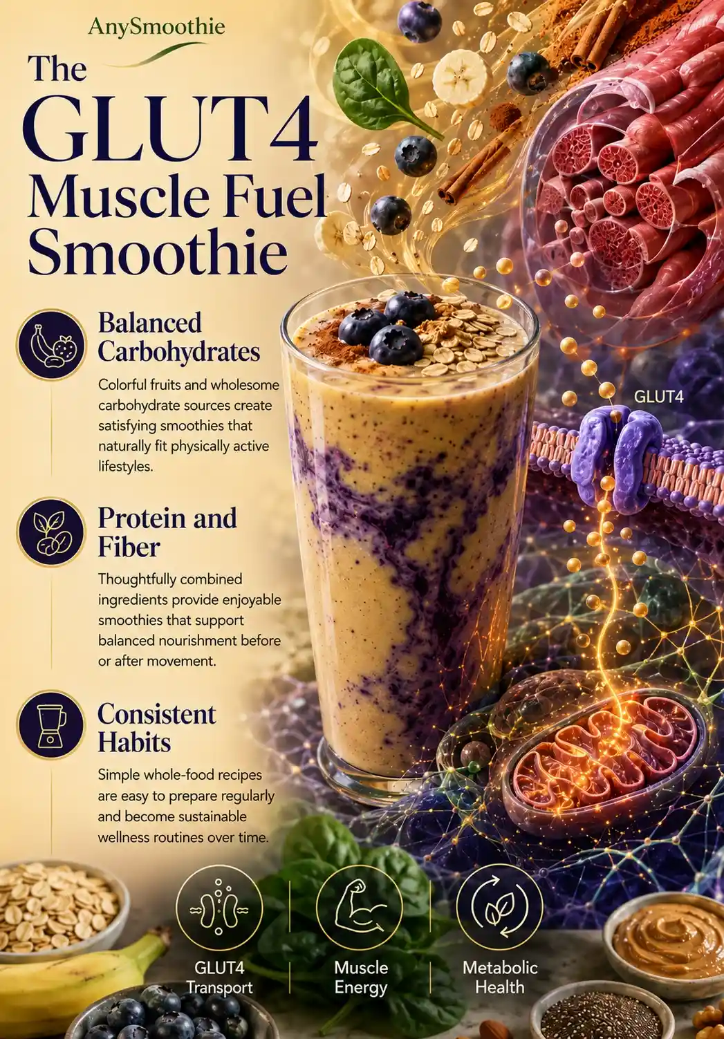 Infographic showing a banana blueberry oat smoothie with whole-food ingredients and muscle-inspired cellular illustrations explaining GLUT4 smoothies for muscle glucose uptake and balanced energy metabolism.