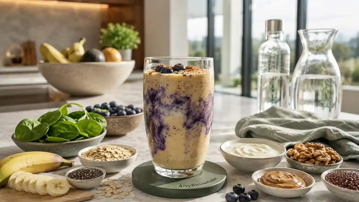 Banana blueberry oat smoothie with spinach, chia seeds, walnuts, Greek yogurt, and almond butter, illustrating GLUT4 smoothies for muscle glucose uptake in a bright modern kitchen.