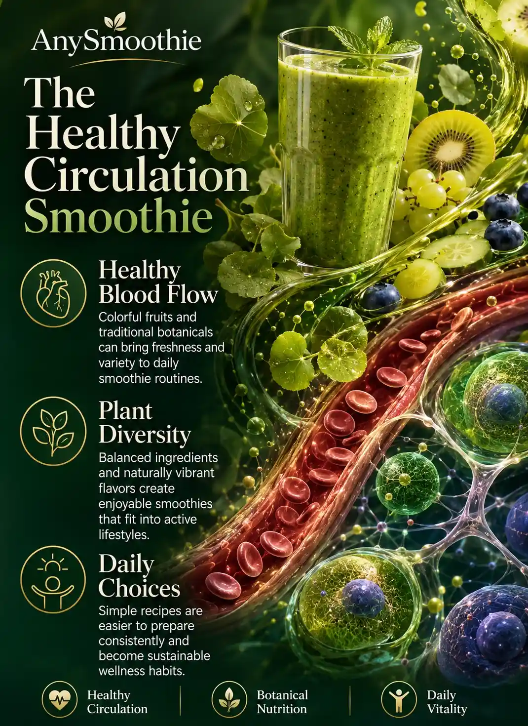 Infographic about gotu kola smoothies for healthy circulation featuring a vibrant green smoothie with Gotu kola, kiwi, green grapes, cucumber, blueberries, and botanical wellness illustrations highlighting healthy circulation, plant nutrition, and daily vitality.