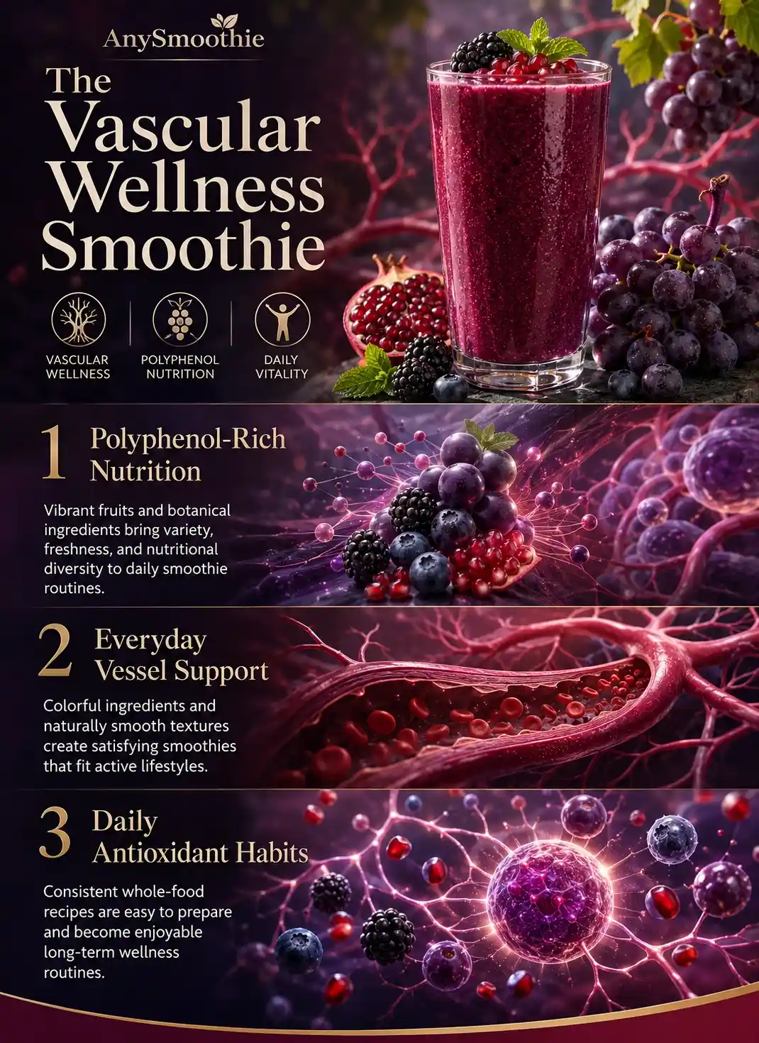 Infographic illustrating grape seed smoothies for vascular wellness with a purple grape, blackberry, blueberry, and pomegranate smoothie, highlighting polyphenol-rich nutrition, everyday vessel support, and daily antioxidant habits in a premium wellness-science editorial design.