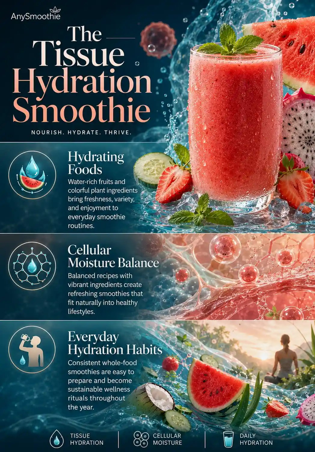 Premium wellness infographic about hyaluronic acid smoothies for tissue hydration featuring a watermelon, strawberry, and dragon fruit smoothie with cucumber, coconut water, hydration-inspired cellular illustrations, and healthy daily hydration concepts.