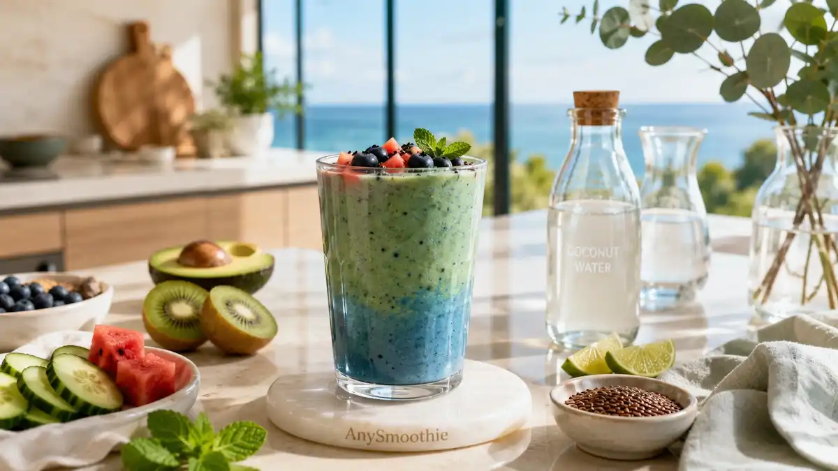 Hydrating smoothies for dry eye support featuring a cucumber, watermelon, blueberry, kiwi, and coconut water smoothie served in a tall glass inside a bright coastal kitchen with fresh hydrating ingredients.