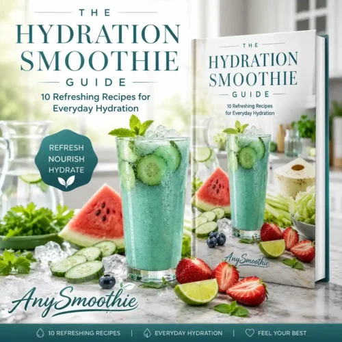 Hydration Smoothie Guide cookbook banner by AnySmoothie featuring a hydration smoothie recipe book with a refreshing cucumber smoothie, watermelon, cucumber, strawberries, and fresh ingredients in a modern kitchen.