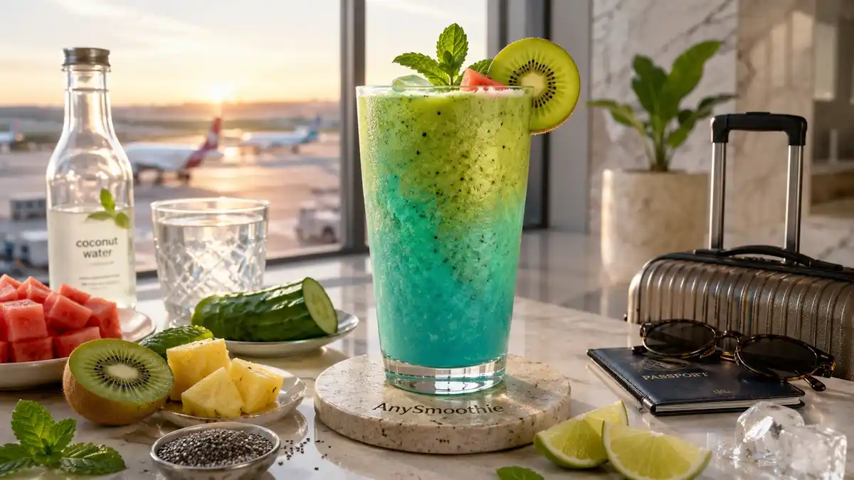 Hydration smoothies for frequent travelers featuring a refreshing watermelon, coconut, kiwi, cucumber, and pineapple smoothie in a tall glass inside a modern airport-view apartment with travel essentials and fresh tropical ingredients.