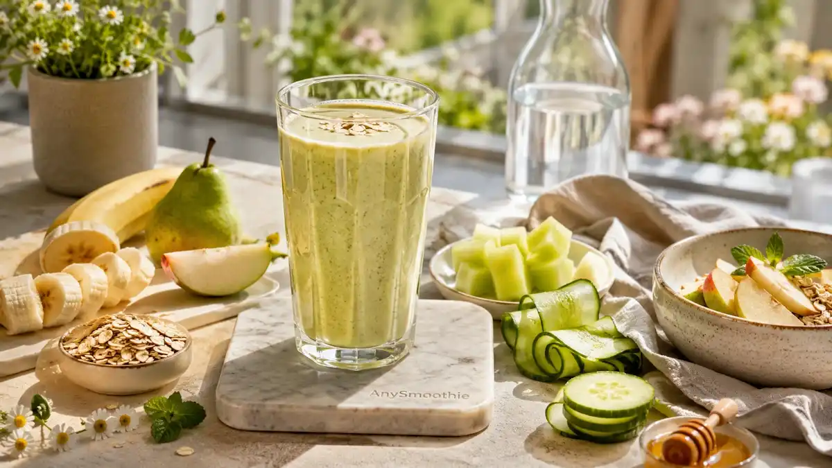 Creamy banana pear cucumber smoothie with honeydew melon, oats, chamomile, and mint on a marble coaster in a bright kitchen, illustrating hydration smoothies for summer fatigue.