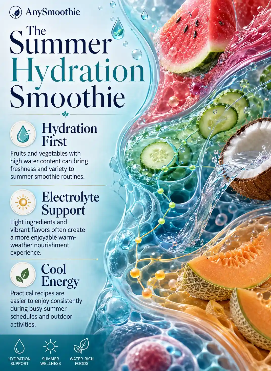 Hydration smoothies for summer fatigue infographic showing watermelon, cucumber, coconut water, and cantaloupe ingredients with hydration support, electrolyte awareness, water-rich foods, and refreshing summer wellness nutrition concepts.