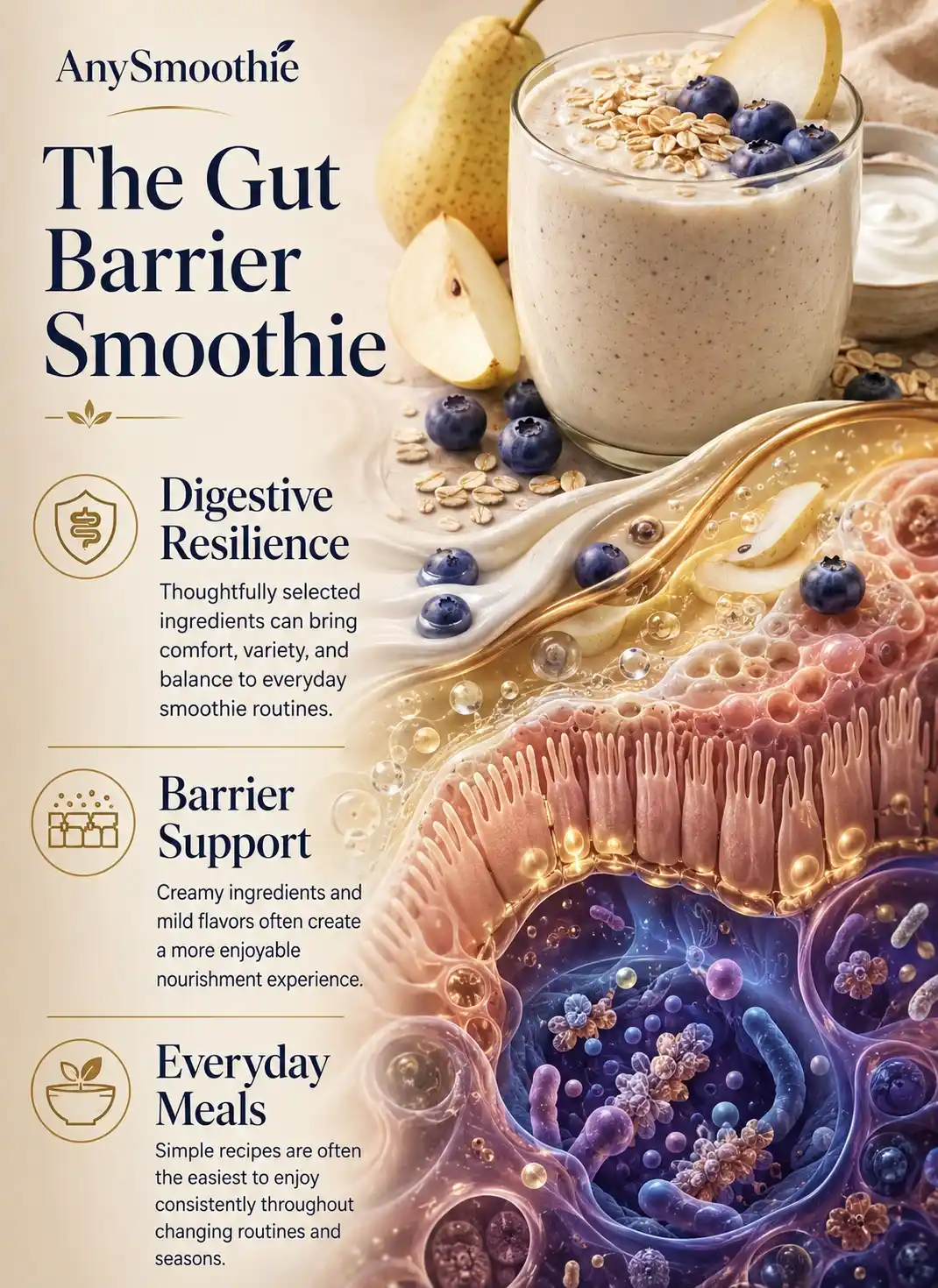 Premium wellness infographic about IgG colostrum smoothies for gut barrier support featuring pear, oats, blueberries, yogurt textures, digestive ecosystem visuals, gut barrier structures, and daily nourishment concepts in a wellness-science editorial design.