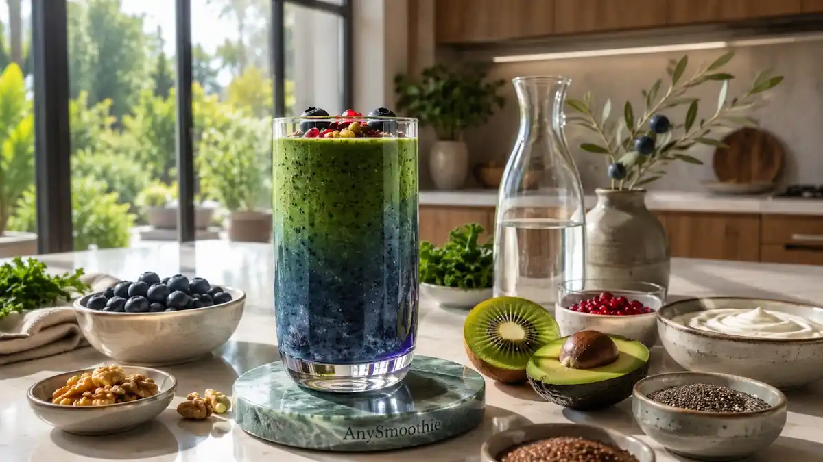 Luxurious blueberry kiwi avocado smoothie with kale, walnuts, chia seeds, flaxseed, Greek yogurt, and almond milk in a tall artisan glass, illustrating klotho smoothies for cellular resilience in a bright modern kitchen.