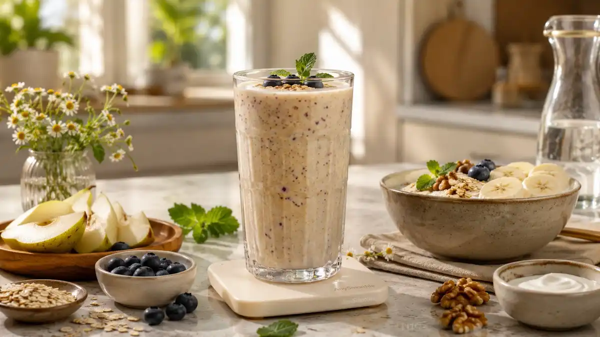 Creamy pear, banana, and blueberry smoothie with oats, Greek yogurt, walnuts, chamomile, and fresh mint in a tall glass on an engraved AnySmoothie ceramic coaster, illustrating l alanyl l glutamine smoothies for gut barrier support in a bright modern breakfast kitchen.