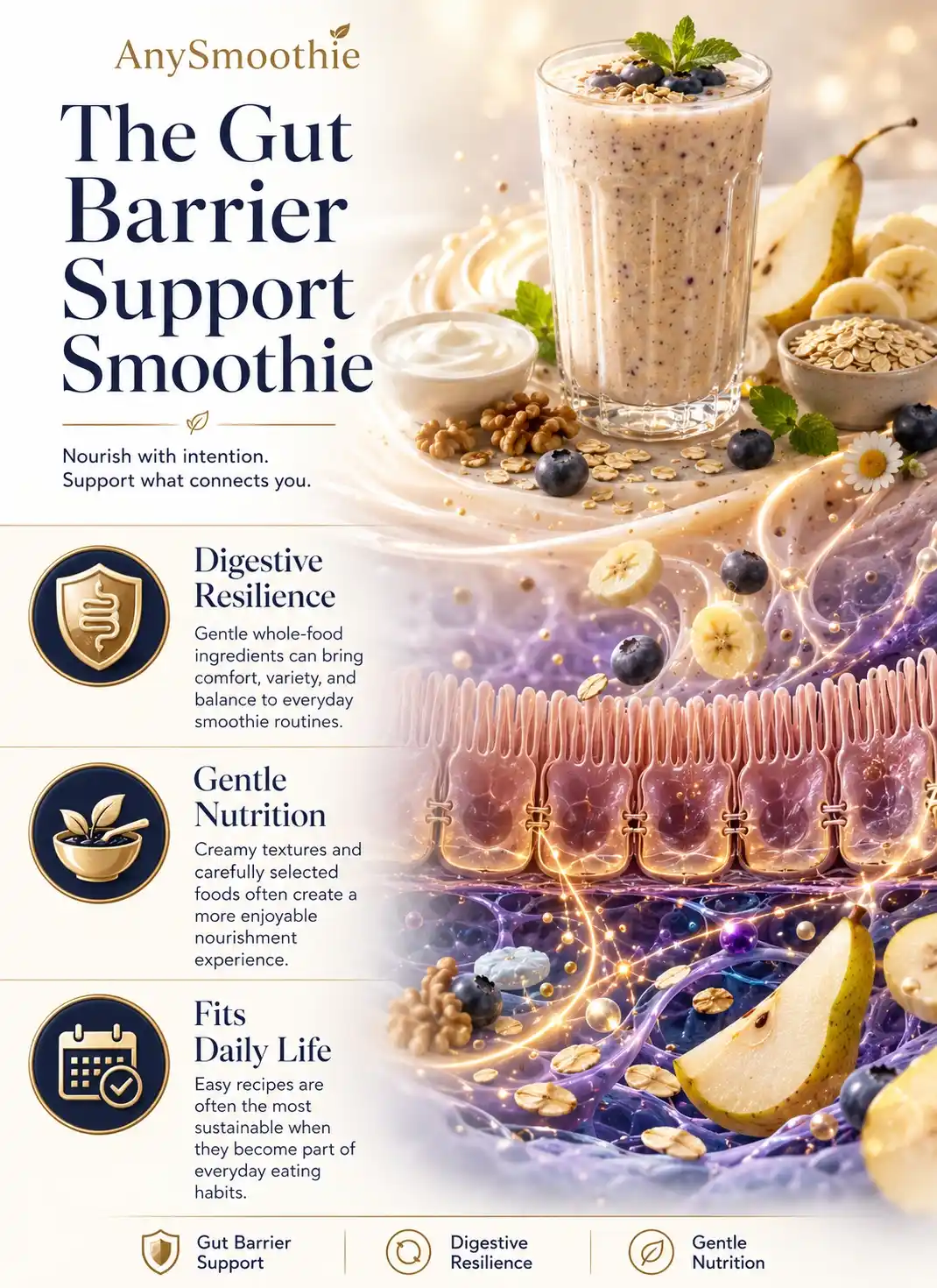 Infographic showing l alanyl l glutamine smoothies for gut barrier support with a creamy pear, banana, blueberry, and oat smoothie, highlighting digestive resilience, gentle nutrition, and balanced everyday wellness using elegant gut-barrier-inspired biological illustrations.
