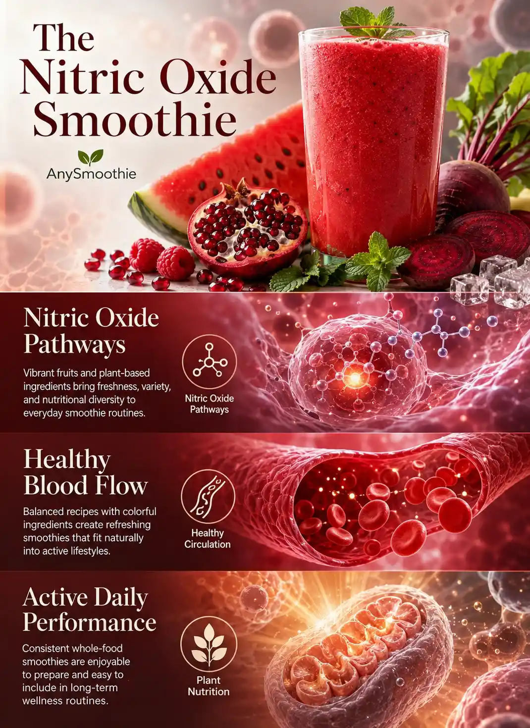 Infographic showing l citrulline smoothies for nitric oxide pathways with watermelon, pomegranate, raspberry, and beetroot, illustrating nitric oxide pathways, healthy circulation, plant nutrition, and balanced whole-food smoothie wellness.