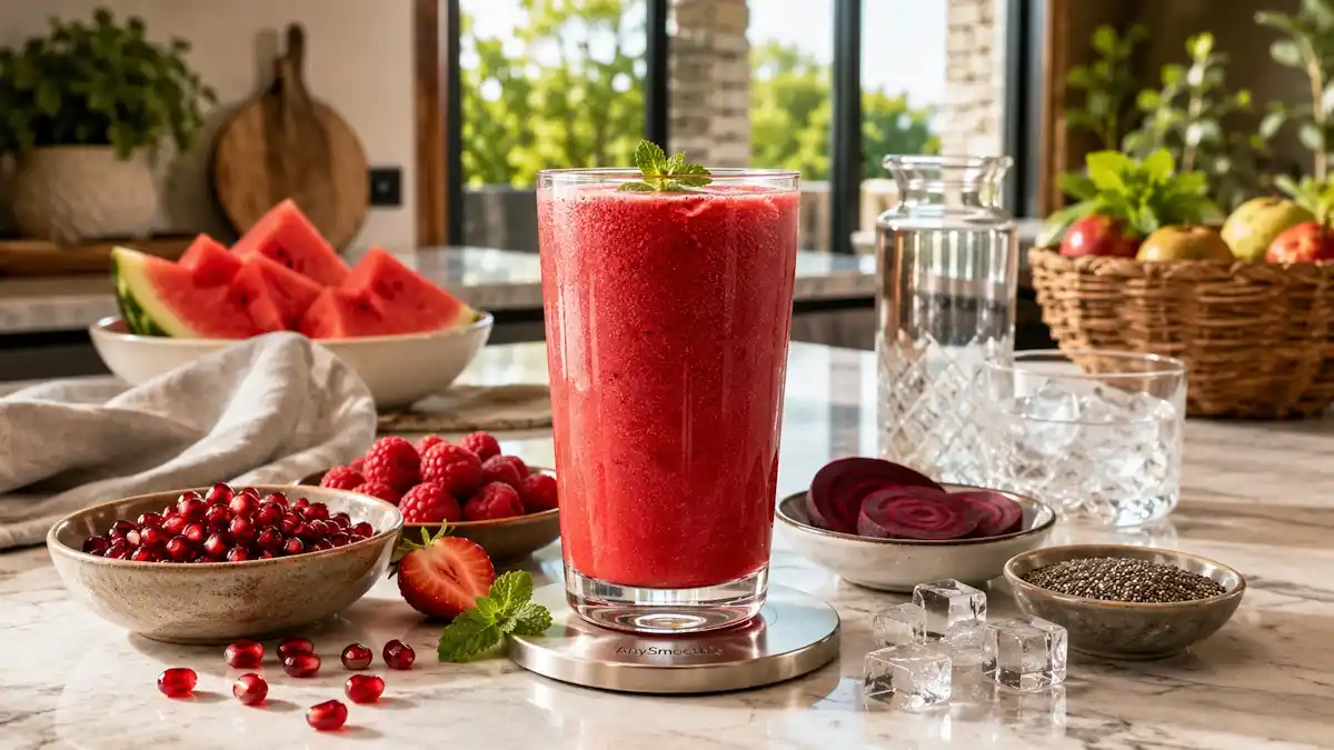 Vibrant watermelon, pomegranate, and raspberry smoothie with beetroot, chia seeds, and fresh mint in a tall glass on an engraved AnySmoothie aluminum coaster, illustrating l citrulline smoothies for nitric oxide pathways in a bright modern kitchen.