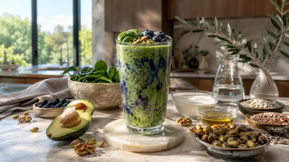 Lipid membrane smoothies for cellular health featuring a creamy avocado pistachio blueberry smoothie in a clear artisan glass with spinach, walnuts, flaxseeds, Greek yogurt, oats, sunflower seeds, olive oil, and fresh ingredients in a bright modern kitchen.