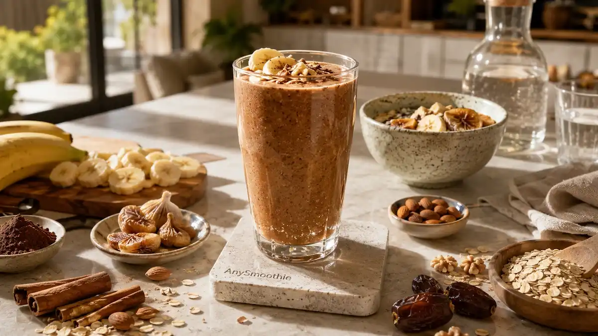 Creamy banana cacao fig smoothie with almonds, oats, walnuts, dates, and cinnamon in a glass on a terrazzo coaster, illustrating magnesium orotate smoothies for ATP support in a bright breakfast kitchen.