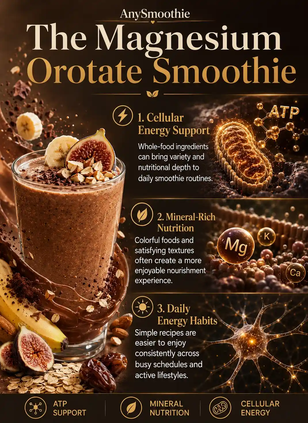 Premium wellness infographic showing a banana cacao fig smoothie with ATP-inspired cellular energy visuals, mineral nutrition elements, and daily wellness themes related to magnesium orotate smoothies for ATP support.