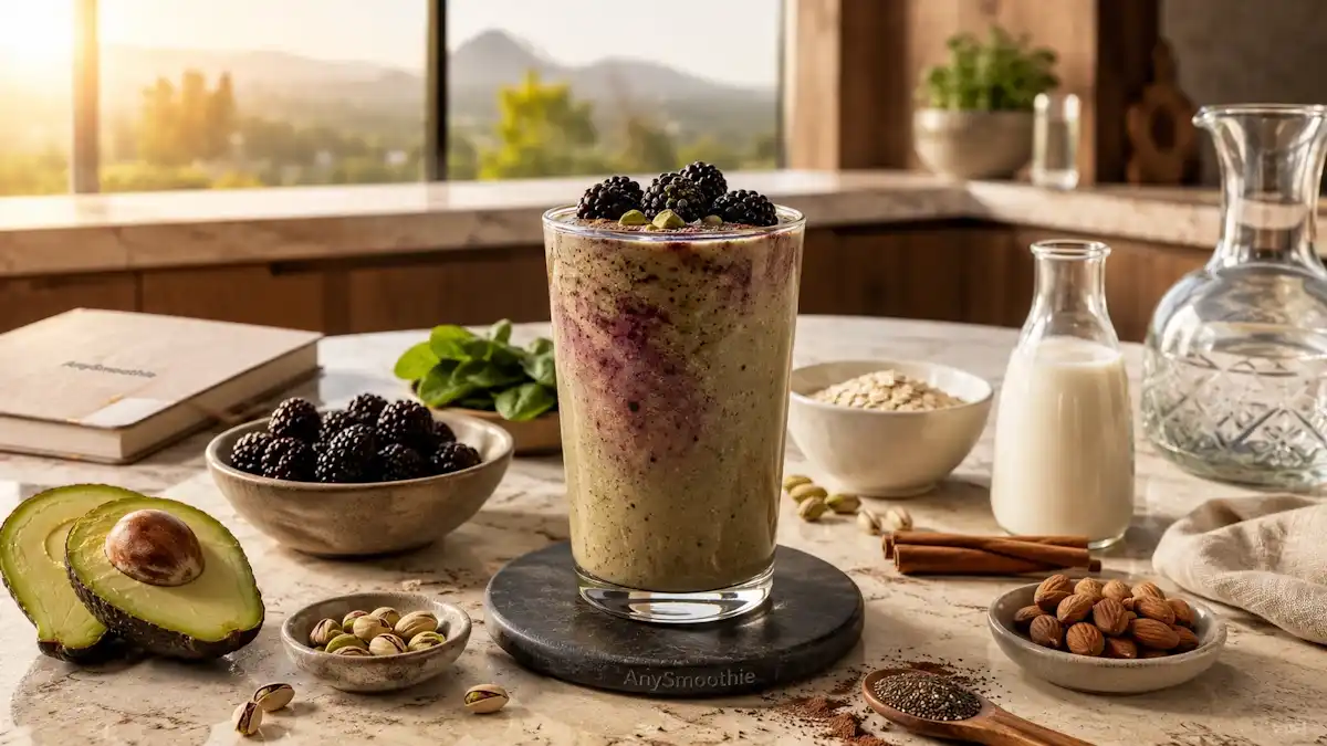 Metabolic flexibility smoothies for fasting windows featuring a creamy avocado, pistachio, and blackberry smoothie in a tall glass with wholesome ingredients including almonds, chia seeds, spinach, cacao, oats, and almond milk in a bright modern kitchen.