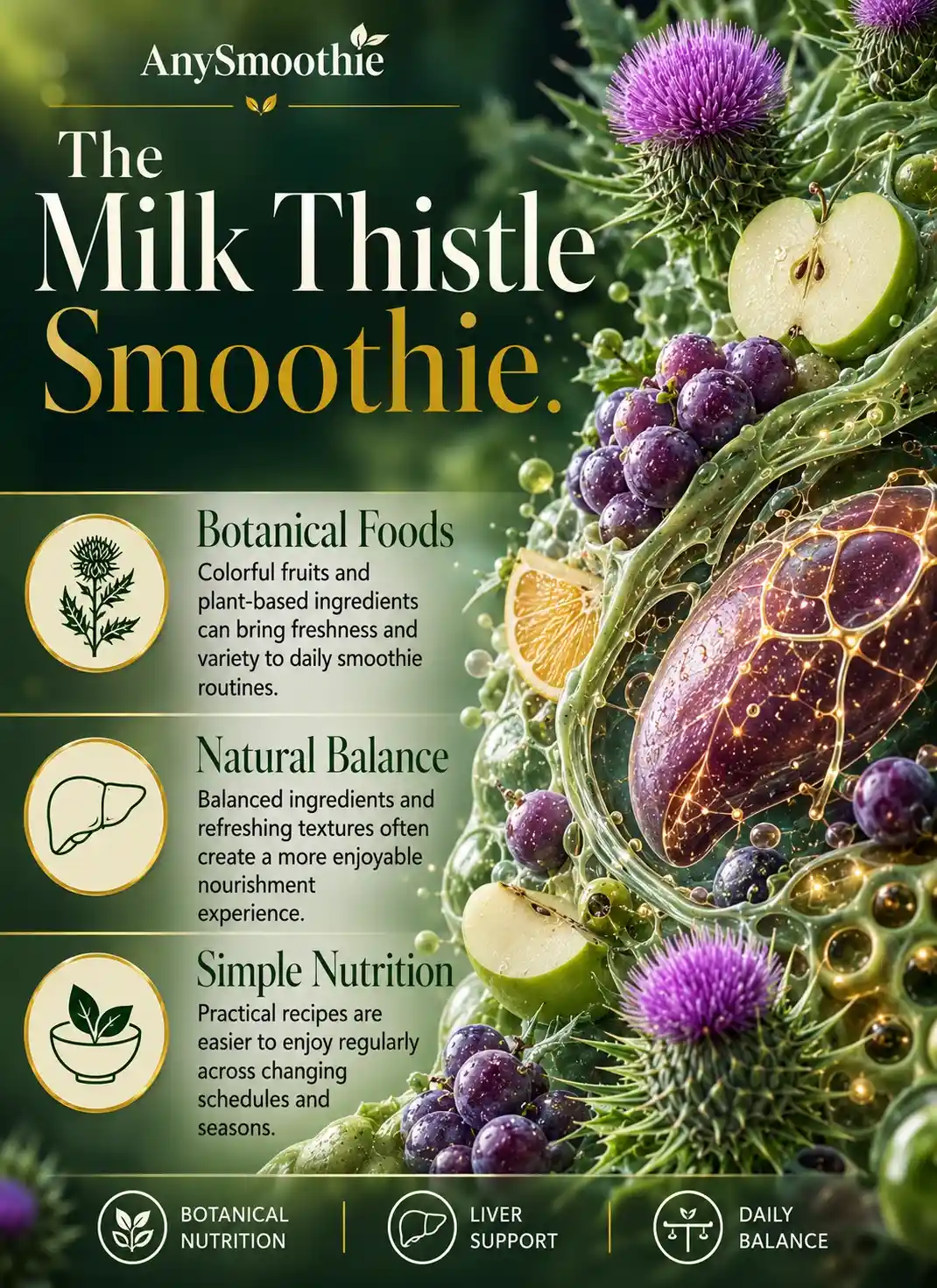 Premium wellness infographic about milk thistle smoothies for liver support featuring milk thistle, green apple, purple grapes, botanical nutrition concepts, balanced smoothie ingredients, liver wellness awareness, and daily nourishment habits.