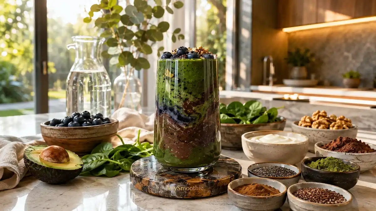Blueberry cacao avocado smoothie featuring spinach, matcha, walnuts, chia, flaxseed, and Greek yogurt, illustrating mitochondrial uncoupling smoothies for energy metabolism in a bright modern kitchen.