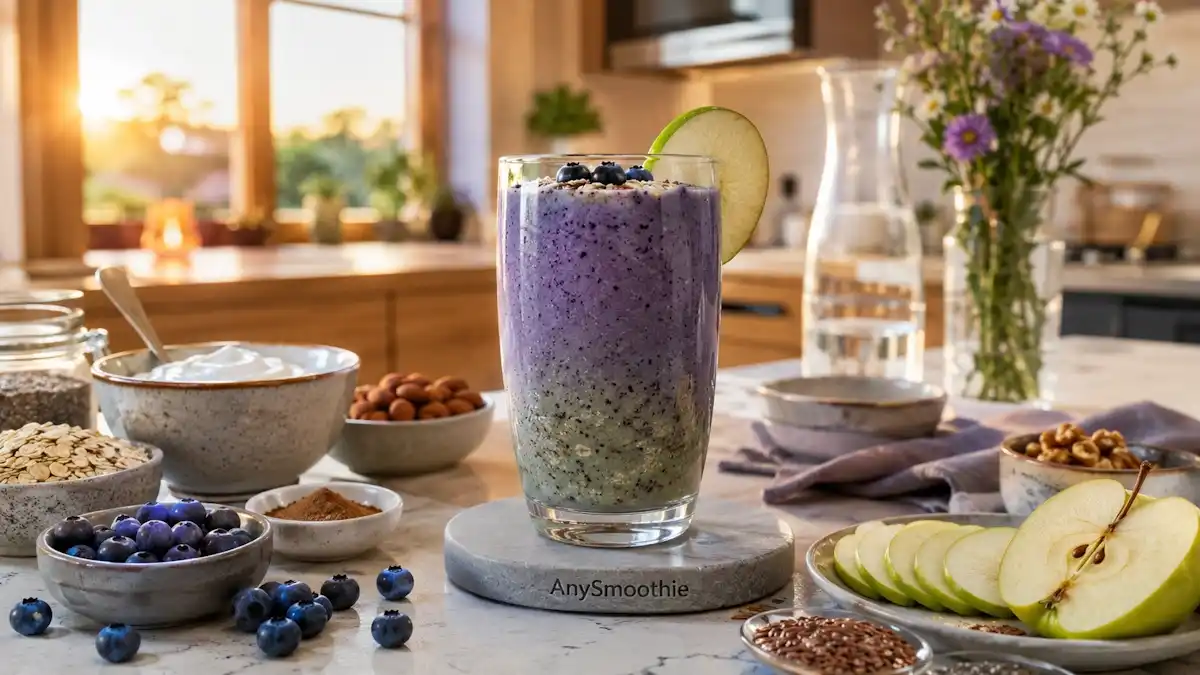 Morning smoothies to support insulin sensitivity featuring a creamy blueberry, green apple, cinnamon, oats, chia seed, flaxseed, Greek yogurt, and walnut smoothie served in a clear glass in a bright Scandinavian breakfast kitchen.