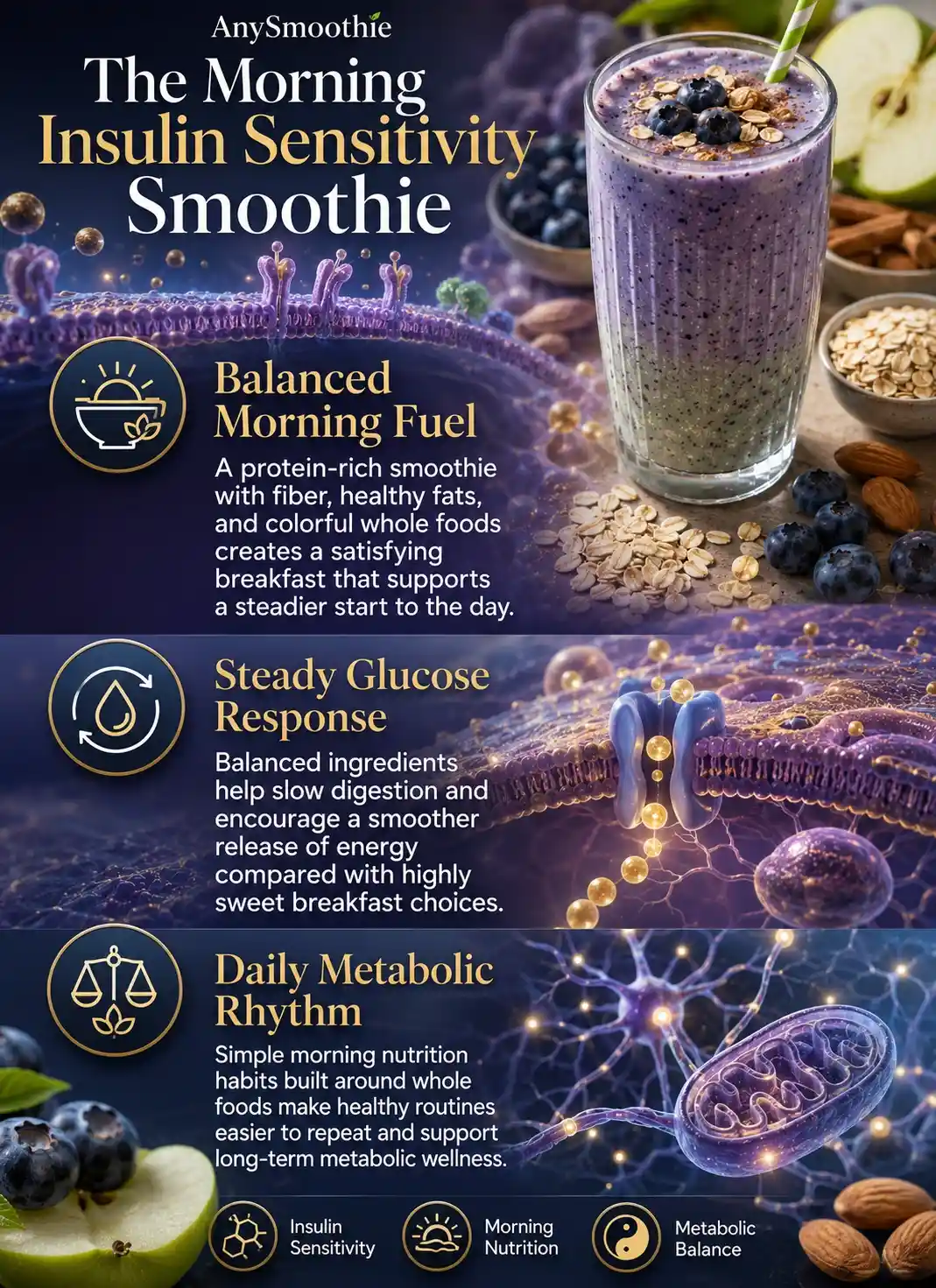 Infographic illustrating morning smoothies to support insulin sensitivity using blueberries, green apple, oats, cinnamon, almonds, and balanced whole-food nutrition for healthy morning metabolic function.