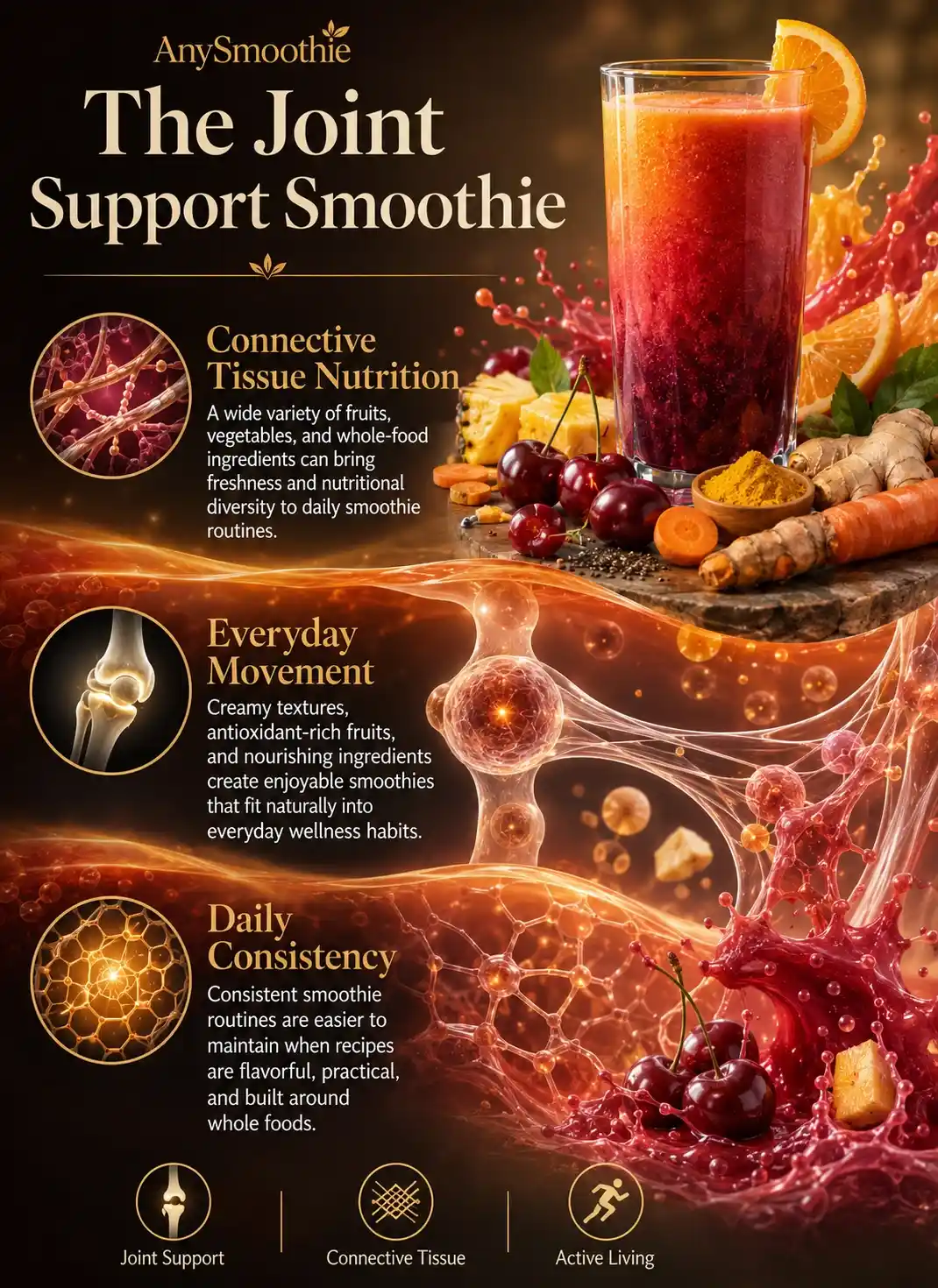 MSM smoothies for joint support infographic illustrating connective tissue nutrition, everyday movement, daily consistency, colorful whole-food smoothie ingredients, and wellness-focused biological patterns.