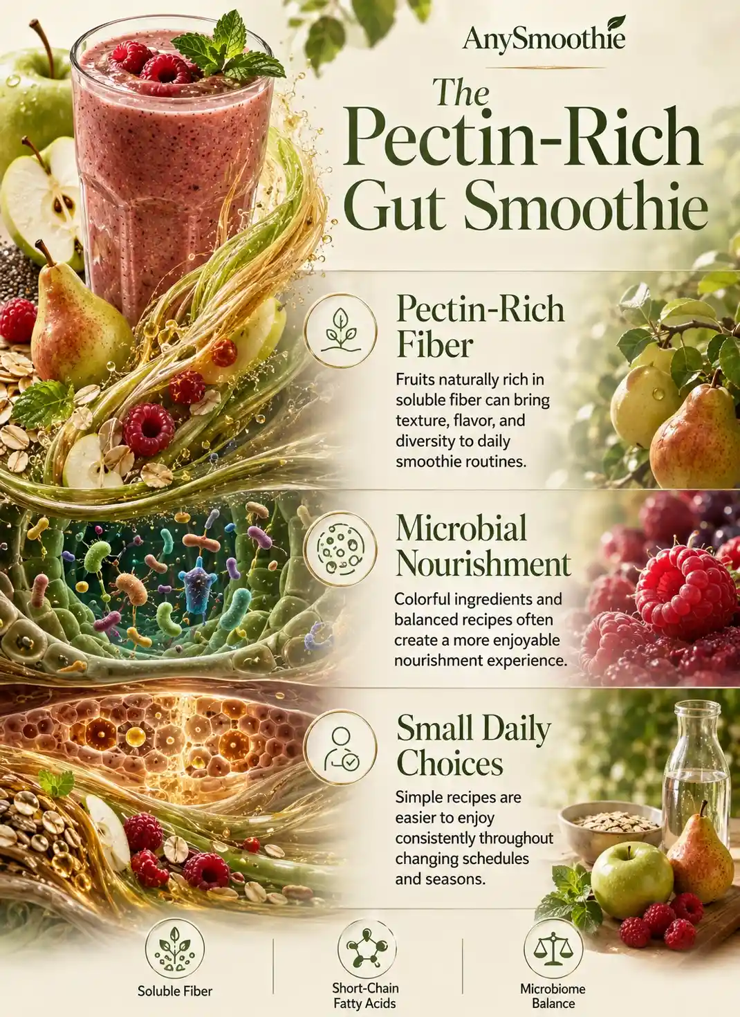 Infographic showing pectin smoothies for short chain fatty acids with apple, pear, raspberry ingredients, soluble fiber sources, microbiome balance concepts, and daily gut-friendly smoothie nutrition patterns.