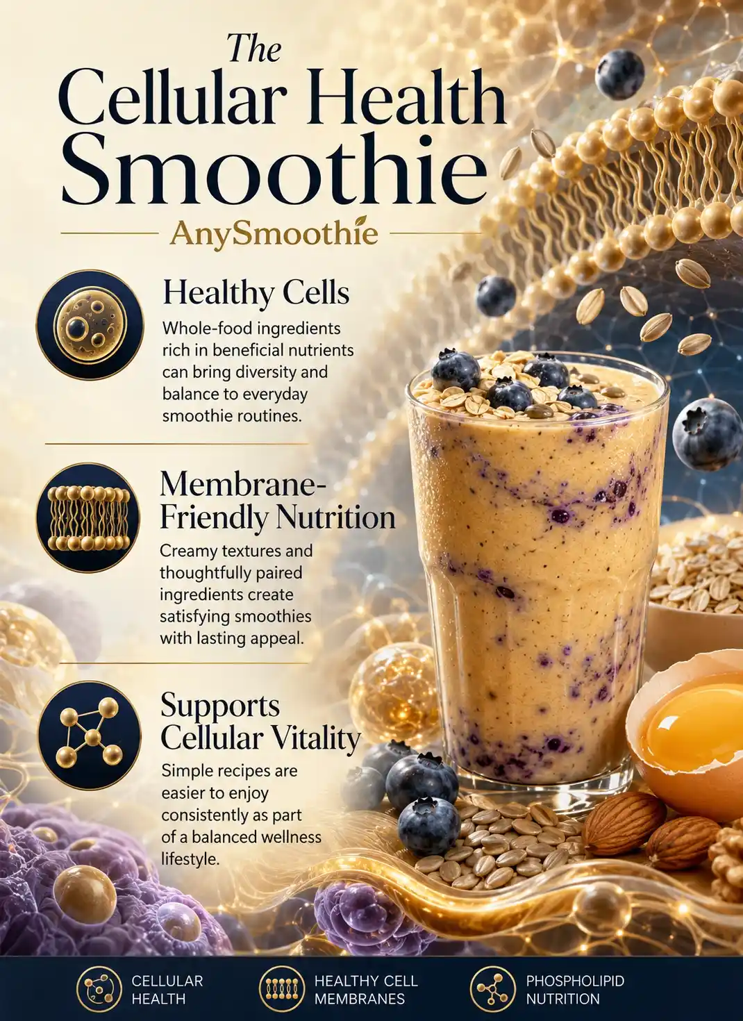 Infographic about phosphatidylcholine smoothies for cellular health showing healthy cell membranes, phospholipid nutrition, nutrient-rich smoothie ingredients including blueberries, oats, sunflower seeds, almonds, and a creamy vanilla smoothie.