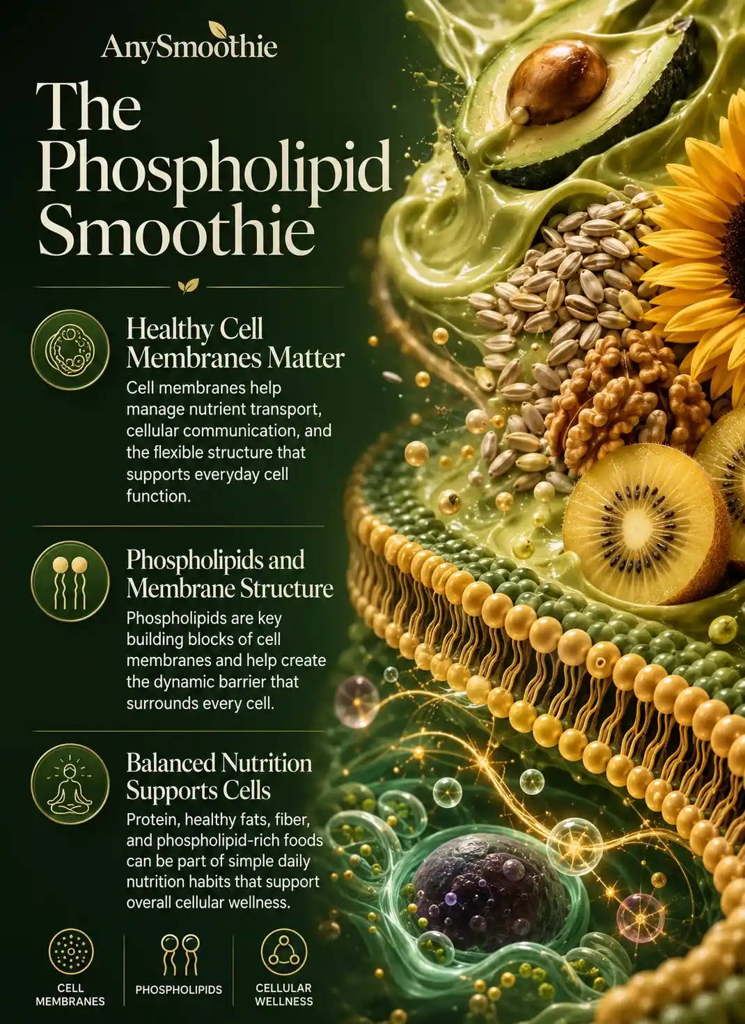 Phospholipid smoothies for healthy cell membranes infographic featuring avocado, sunflower seeds, walnuts, golden kiwi, phospholipid bilayer structures, healthy fats, cellular wellness concepts, and balanced nutrition for everyday cell membrane support.