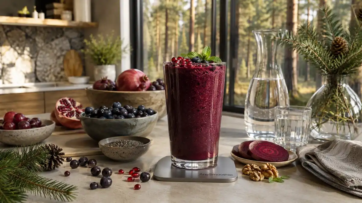 Luxurious blackcurrant, blueberry, pomegranate, and pine bark extract smoothie with beetroot, walnuts, and chia seeds served in a clear artisan glass on a brushed titanium coaster in a contemporary kitchen, illustrating pine bark extract smoothies for nitric oxide support.