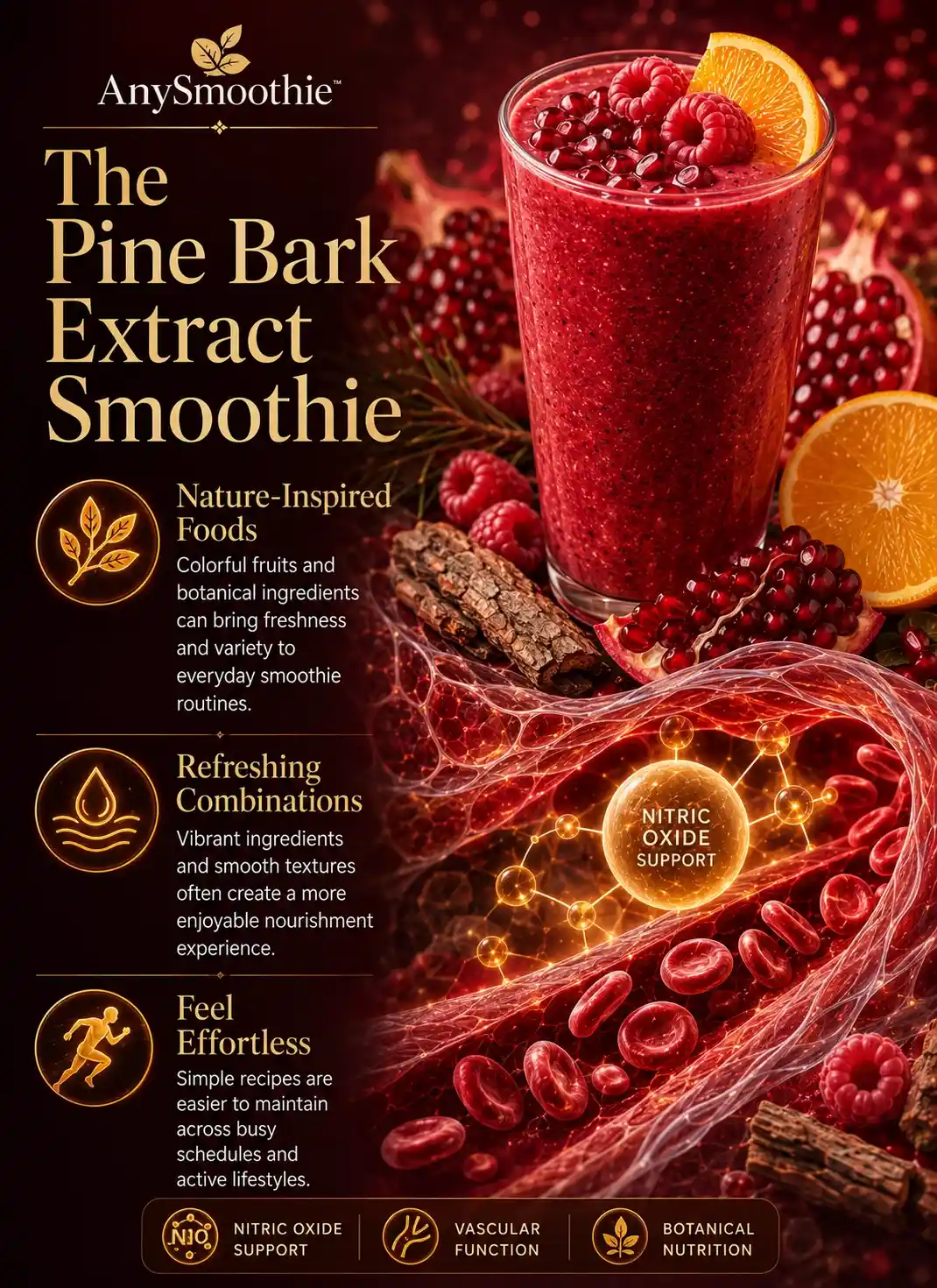 Premium wellness-science infographic about pine bark extract smoothies for nitric oxide support featuring a pomegranate raspberry smoothie, botanical ingredients, vascular-inspired nutrient pathways, nitric oxide awareness visuals, and balanced daily nutrition habits.