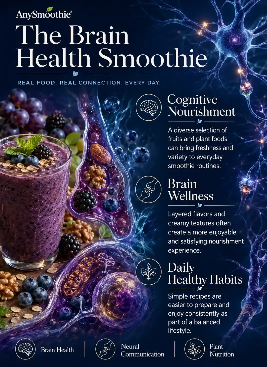 Infographic illustrating polygala tenuifolia smoothies for brain health with blueberry, blackberry, purple grape, and walnut ingredients, highlighting cognitive nourishment, brain wellness, neural communication, and balanced daily smoothie habits.