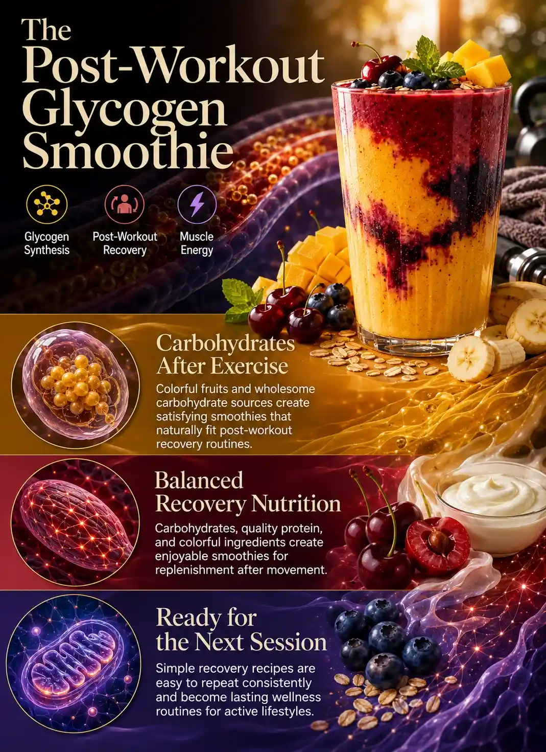 Post workout smoothies for glycogen synthesis infographic illustrating how carbohydrate-rich fruits, protein, oats, and whole-food smoothie ingredients support glycogen replenishment, post-workout recovery, muscle energy, and balanced recovery nutrition after exercise.