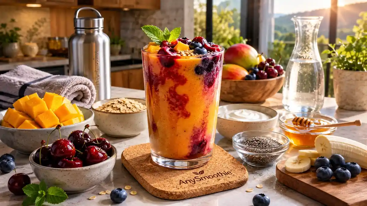 Post workout smoothies for glycogen synthesis featuring a mango, tart cherry, and blueberry smoothie with banana, Greek yogurt, rolled oats, chia seeds, and honey served in a clear glass on an engraved AnySmoothie cork coaster in a bright modern kitchen after exercise.