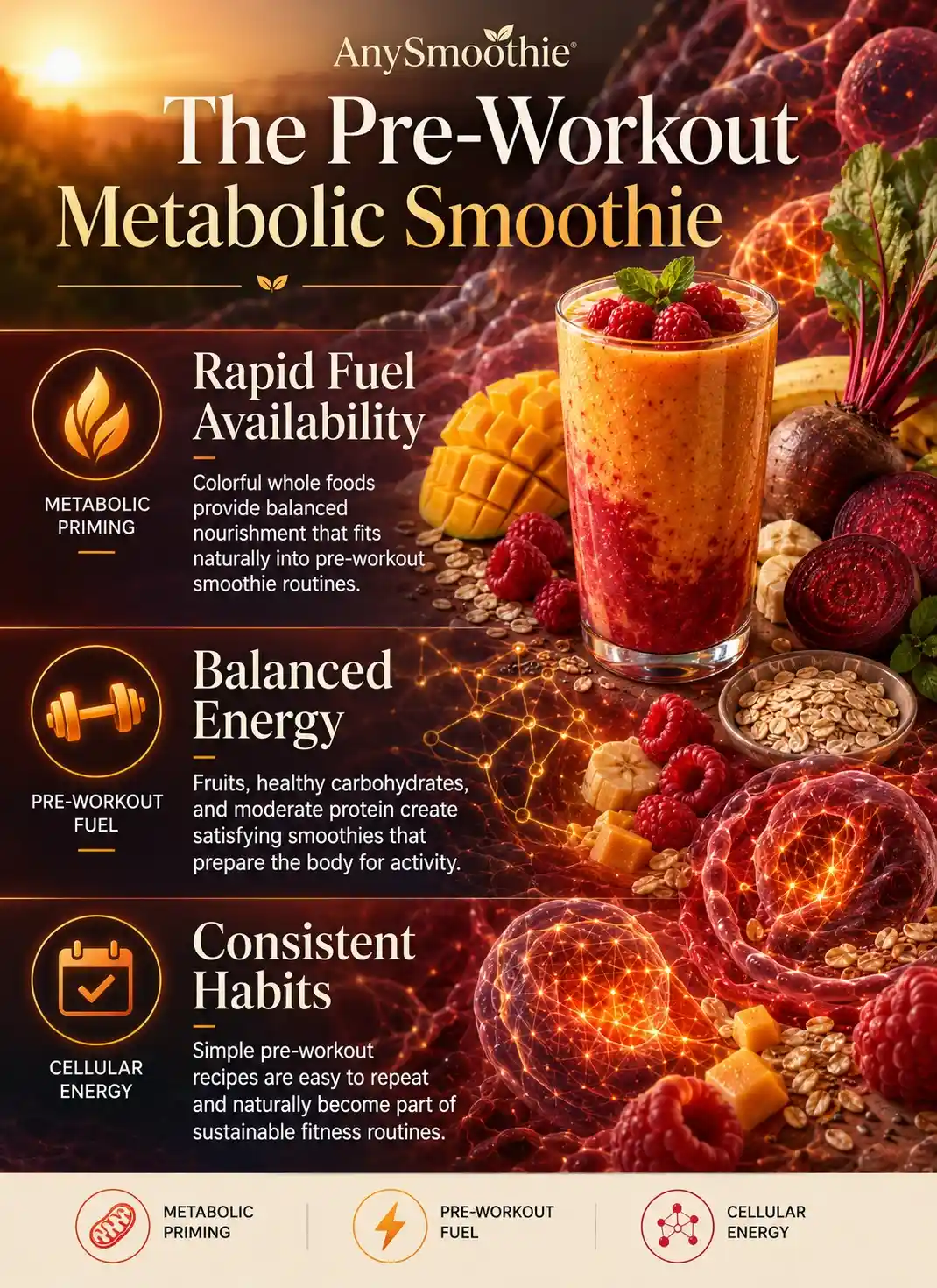 Pre workout smoothies for metabolic priming infographic illustrating rapid fuel availability, balanced energy, and consistent pre-workout nutrition using a mango, banana, raspberry, beetroot, and oat smoothie with cellular energy-inspired wellness visuals.