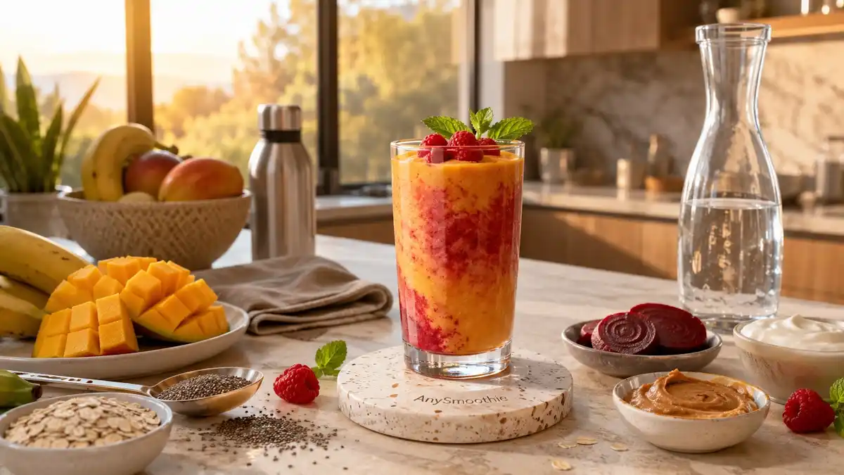 Pre workout smoothies for metabolic priming featuring a mango banana raspberry smoothie with oats, beetroot, chia seeds, almond butter, Greek yogurt, and fresh mint in a modern kitchen before a morning workout.