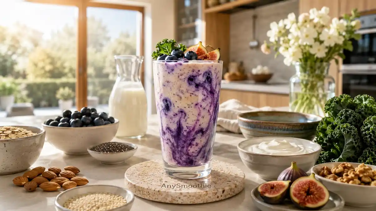 Creamy blueberry, fig, and Greek yogurt smoothie with kale, oats, chia seeds, walnuts, and fortified milk in a tall glass, illustrating protein and calcium smoothies for bone health in a bright modern kitchen.
