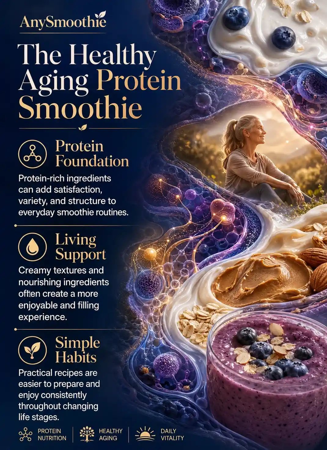 Protein-rich smoothies for healthy aging habits infographic featuring Greek yogurt, blueberries, almond butter, oats, and a nutrient-dense smoothie within a wellness-science editorial design focused on protein nutrition, healthy aging, daily vitality, and balanced nourishment.