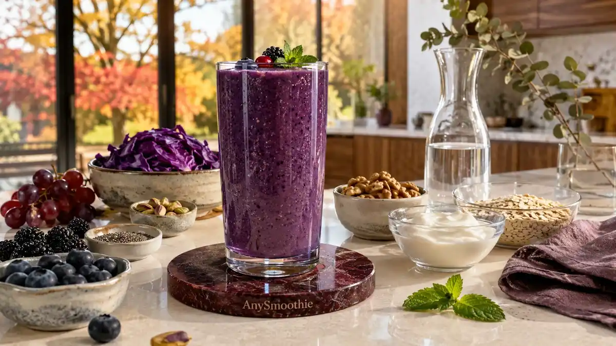 Luxurious blueberry, blackberry, and red grape smoothie featuring antioxidant-rich ingredients for pterostilbene smoothies for cellular stress balance, served in a tall artisan glass on a polished burgundy granite coaster in a modern autumn kitchen.