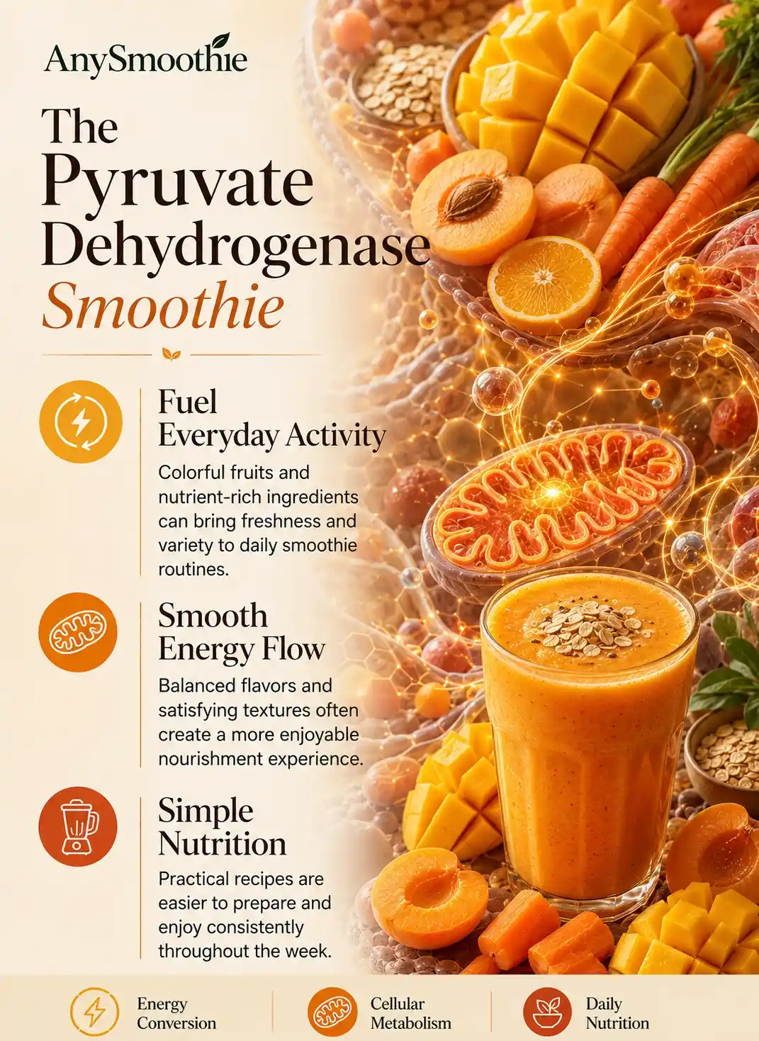Pyruvate dehydrogenase support smoothies infographic featuring mango, apricot, carrot, citrus fruits, and nutrient-rich ingredients with cellular energy conversion concepts, mitochondrial communication visuals, and balanced daily smoothie nutrition guidance.