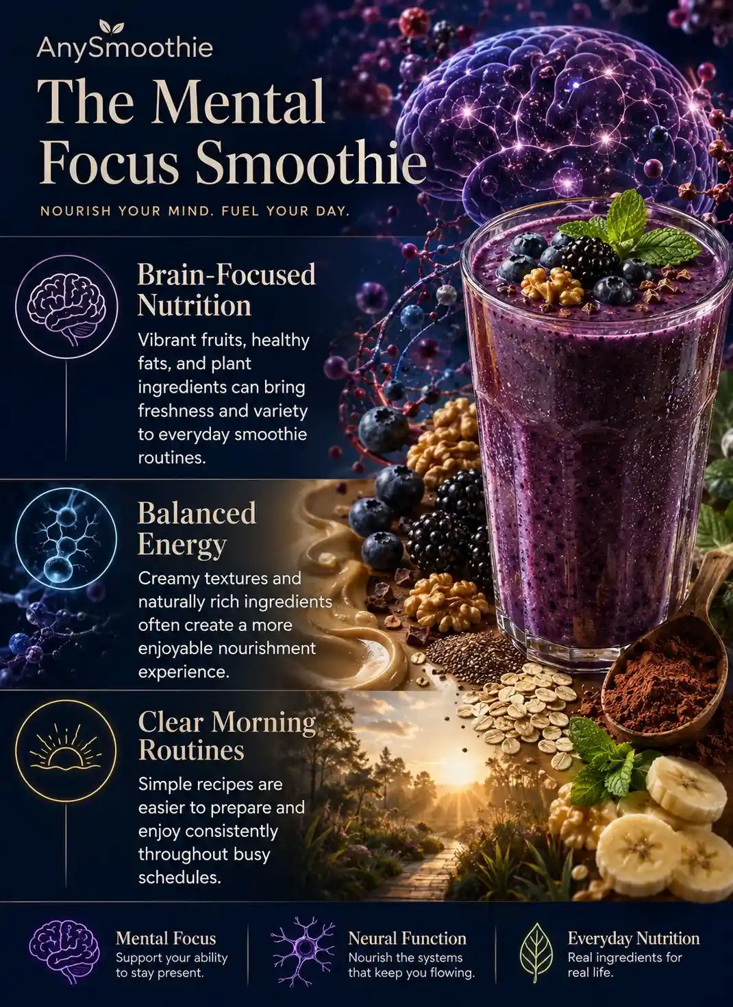 Infographic about Sabroxy smoothies for mental focus featuring a blueberry, blackberry, cacao, and walnut smoothie with brain-focused nutrition, balanced energy, and clear morning routine guidance in a premium wellness-science editorial design.