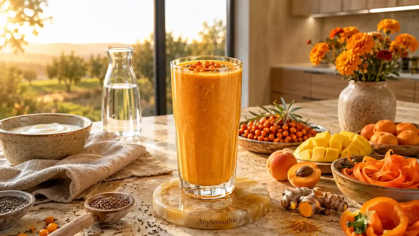 Luxurious sea buckthorn smoothie with mango, apricot, carrot, turmeric, chia seeds, and flaxseeds in an artisan glass, illustrating sea buckthorn smoothies for skin wellness with fresh whole-food ingredients in a bright modern kitchen.
