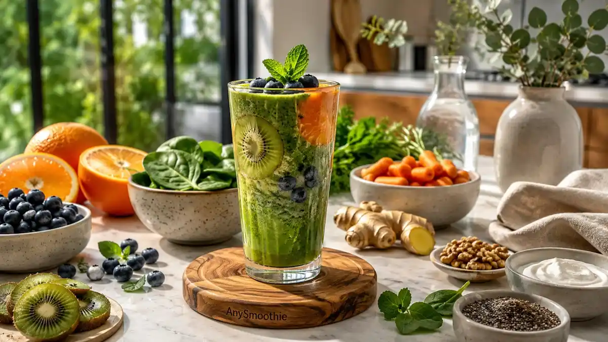 Orange, blueberry, kiwi, and spinach smoothie in a tall glass on an olive wood coaster with fresh whole-food ingredients in a bright modern kitchen, illustrating nutritious smoothies after quitting smoking for a healthy lifestyle transition.