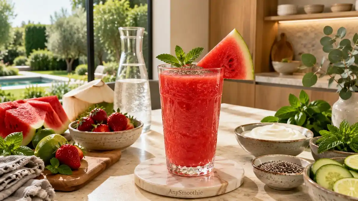 Luxurious watermelon, strawberry, and coconut water smoothie with cucumber, mint, basil, chia seeds, and Greek yogurt in a bright Scandinavian kitchen, illustrating smoothies before sauna sessions for refreshing pre-sauna hydration.
