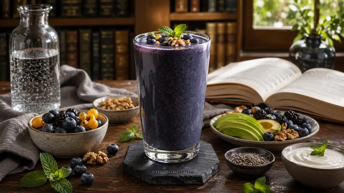 Blueberry avocado smoothie with walnuts, chia seeds, blackberries, Greek yogurt, and mint in a glass on a slate coaster, featured in a smoothies for blood brain barrier support guide.