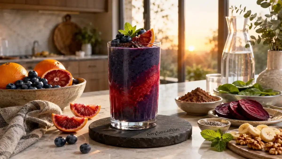 Blueberry, blood orange, cacao, beetroot, spinach, and chia smoothie in a clear artisan glass on a basalt coaster in a modern sunlit kitchen, illustrating smoothies for cellular respiration support with colorful whole-food ingredients.