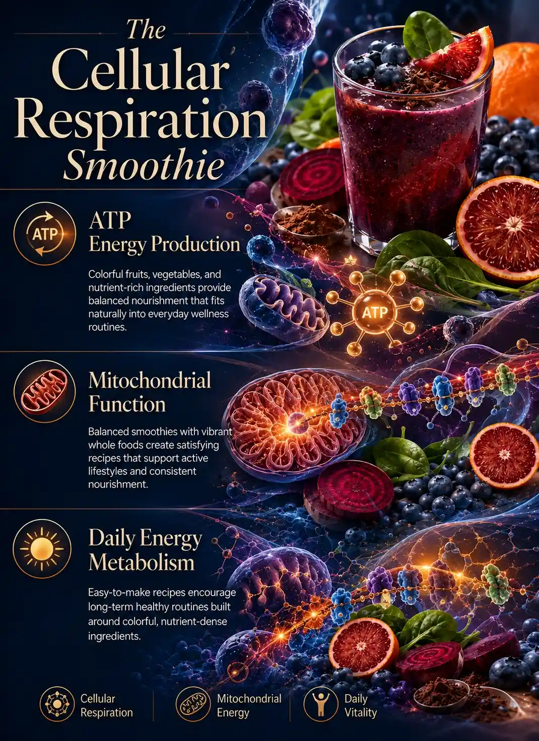 Infographic illustrating smoothies for cellular respiration support with a blueberry, blood orange, beetroot, spinach, and cacao smoothie alongside mitochondria-inspired biological visuals, ATP energy production, and daily energy metabolism.