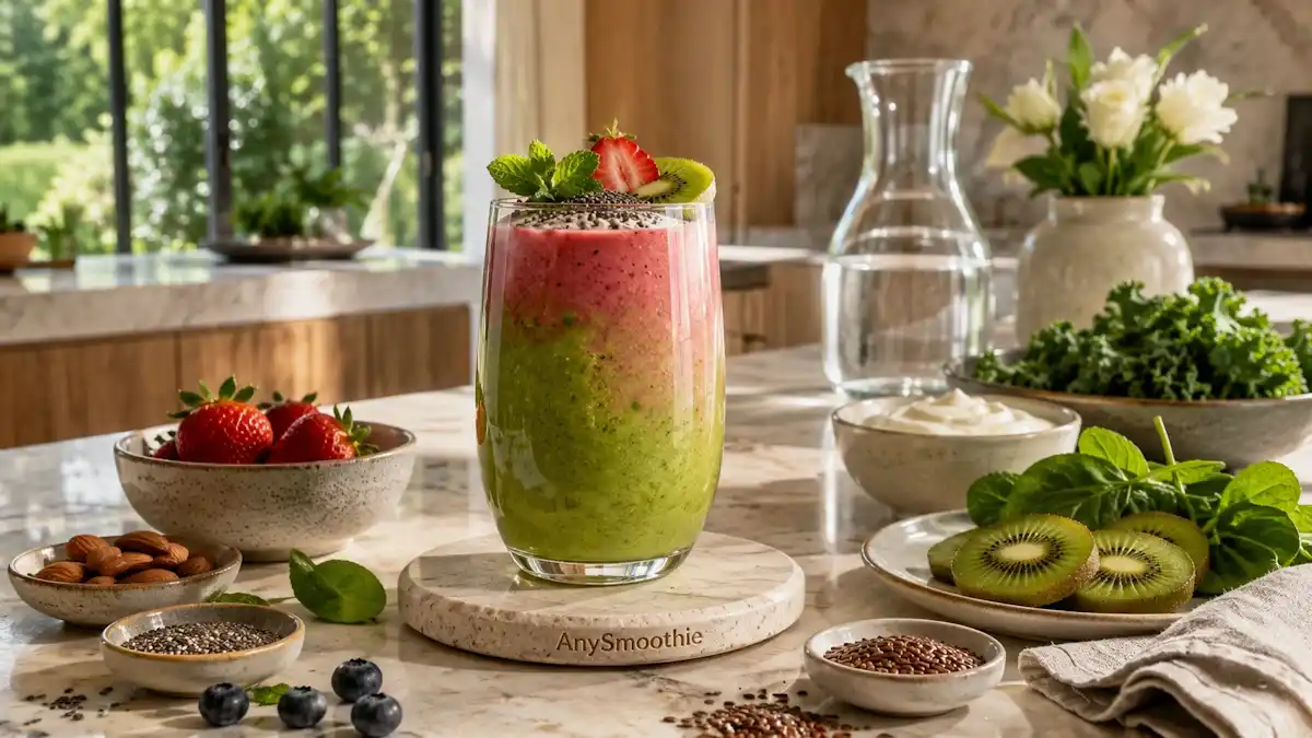 Strawberry kiwi spinach smoothie with Greek yogurt, chia seeds, flaxseeds, almonds, blueberries, and fresh mint in a tall glass on a white travertine coaster in a modern kitchen, illustrating smoothies for healthy gums and strong teeth.