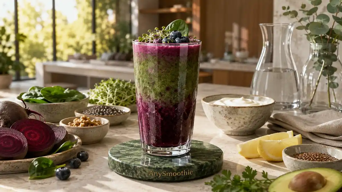 Luxurious beetroot blueberry spinach smoothie with walnuts, chia seeds, broccoli sprouts, flaxseed, Greek yogurt, and avocado in a modern kitchen, illustrating smoothies for healthy hepatic methylation and nutrient-rich whole food nutrition.