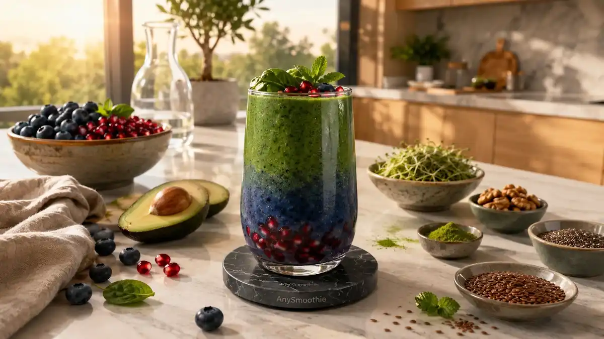 Luxurious blueberry, pomegranate, and avocado smoothie with baby spinach, broccoli sprouts, walnuts, chia seeds, flaxseeds, ceremonial green tea, and fresh mint in a modern kitchen, illustrating smoothies for healthy mitophagy and nutrient-rich wellness nutrition.