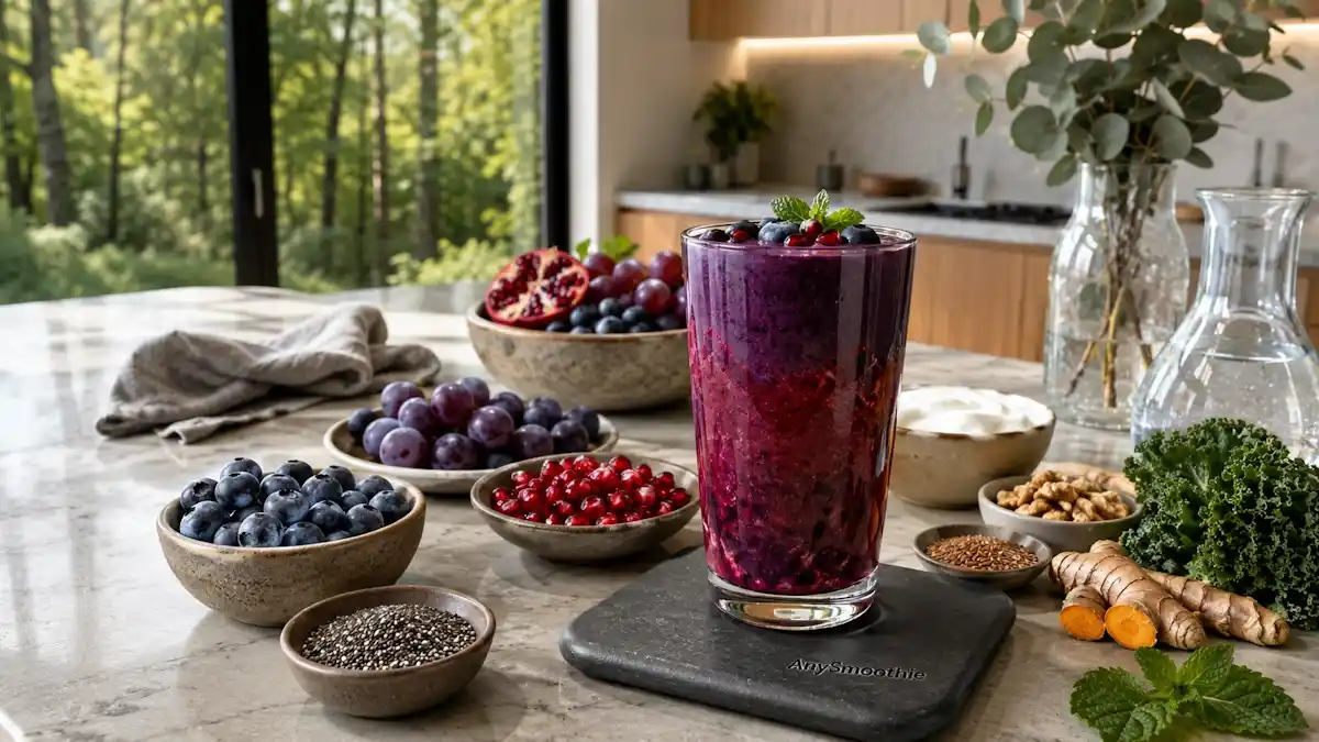 Blueberry, pomegranate, and purple grape smoothie for intracellular redox balance served in a tall artisan glass on a dark slate AnySmoothie coaster with antioxidant-rich whole food ingredients in a bright modern kitchen.